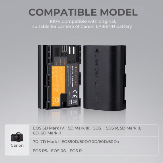 K&F Concept LP-E6NH Battery and Charger Pack - 2 Batteries + Dual Charger 2250mAh